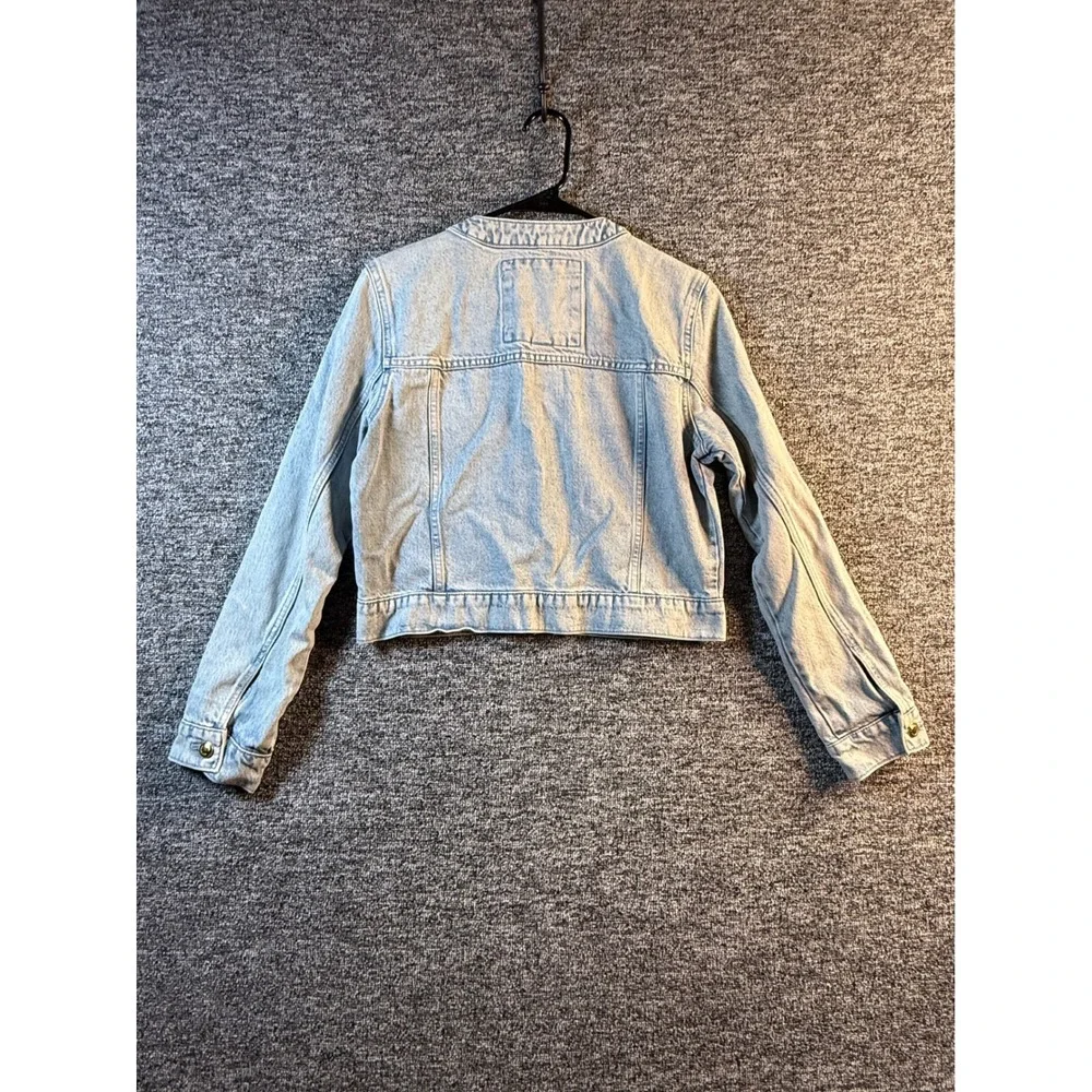 Michael Kors Women's Light Wash Cropped Denim Jacket Zip Up Collarless Blue Med